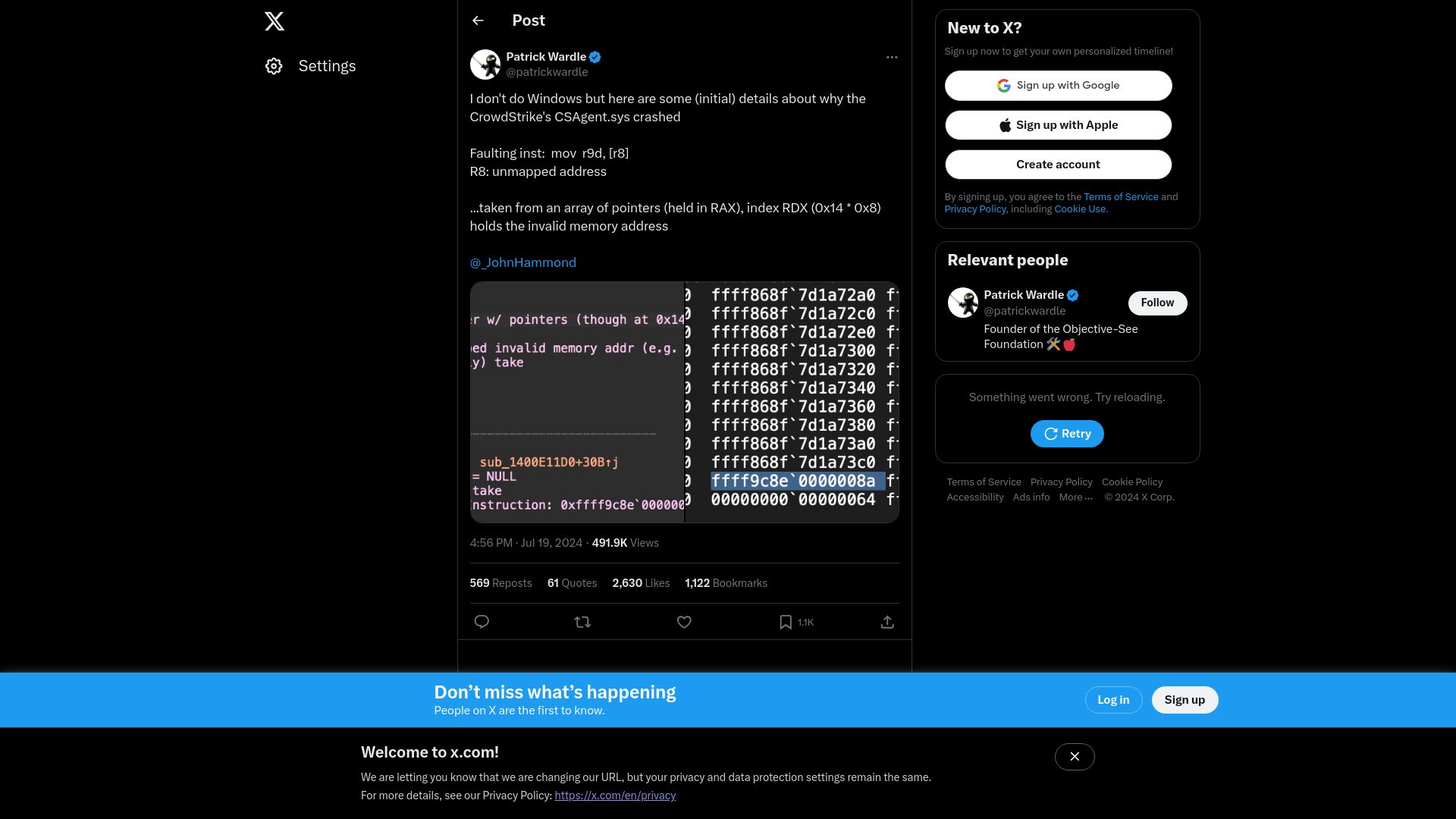 Screenshot of twitter.com: Initial details about why CrowdStrike's CSAgent.sys crashed