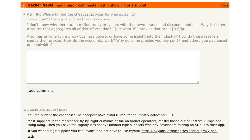 Screenshot of Hacker News post: Ask HN: Where to find the cheapest proxies for web scraping?