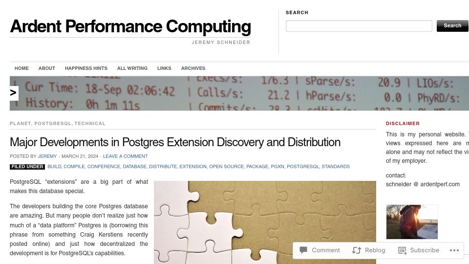 Screenshot of ardentperf.com: Major Developments in Postgres Extension Discovery and Distribution