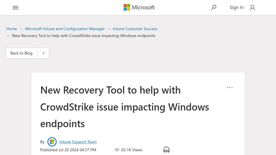 Screenshot of techcommunity.microsoft.com: New Recovery Tool to help with CrowdStrike issue impacting Windows endpoints