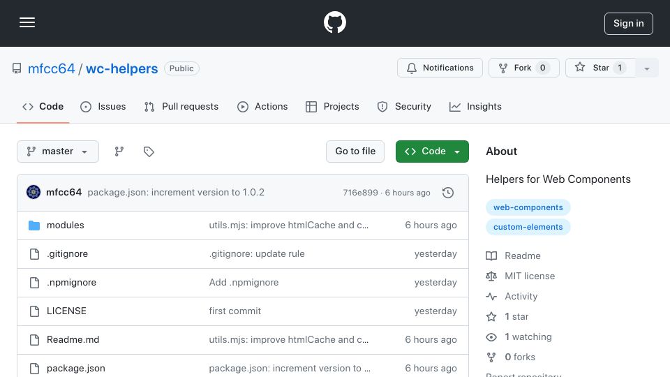 Screenshot of github.com: Show HN: I made helpers for Web Components