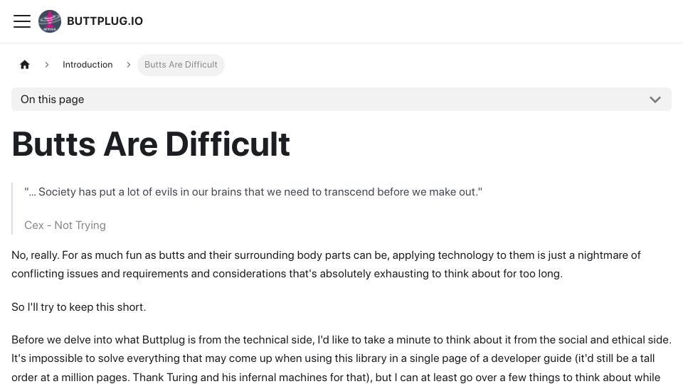 Screenshot of docs.buttplug.io: Empathy for the user having sex with your software