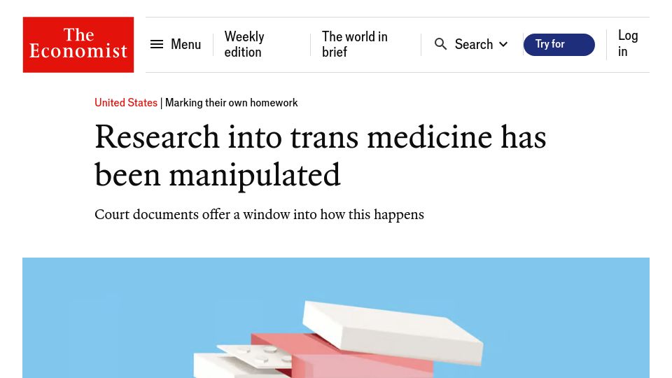 Screenshot of economist.com: Research into trans medicine has been manipulated