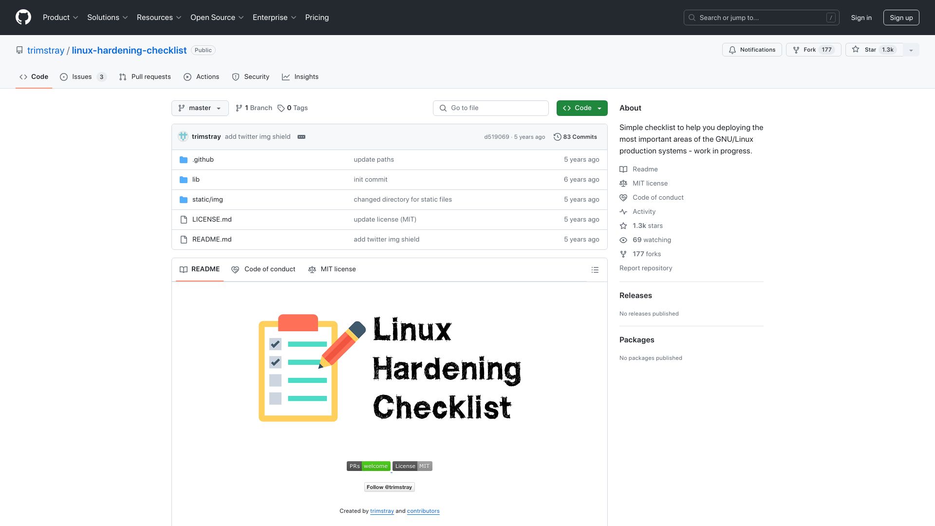 Screenshot of github.com: Linux Hardening Checklist