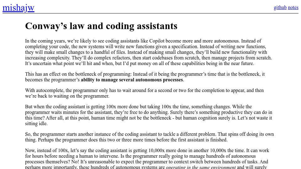 Screenshot of mishajw.com: Conway's Law and Coding Assistants