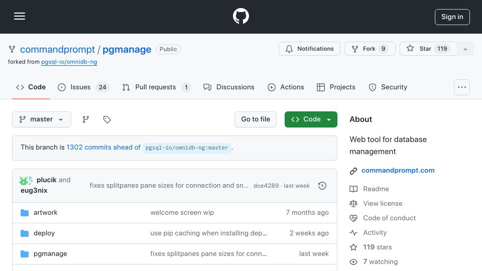 Screenshot of github.com: PgManage: Modern, cross platform graphical database client