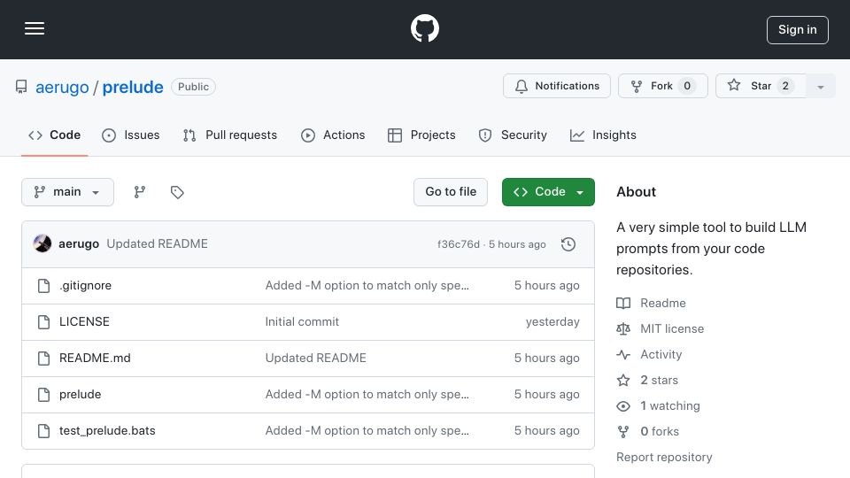 Screenshot of github.com: Prelude – a tiny CLI tool building context prompts from your code