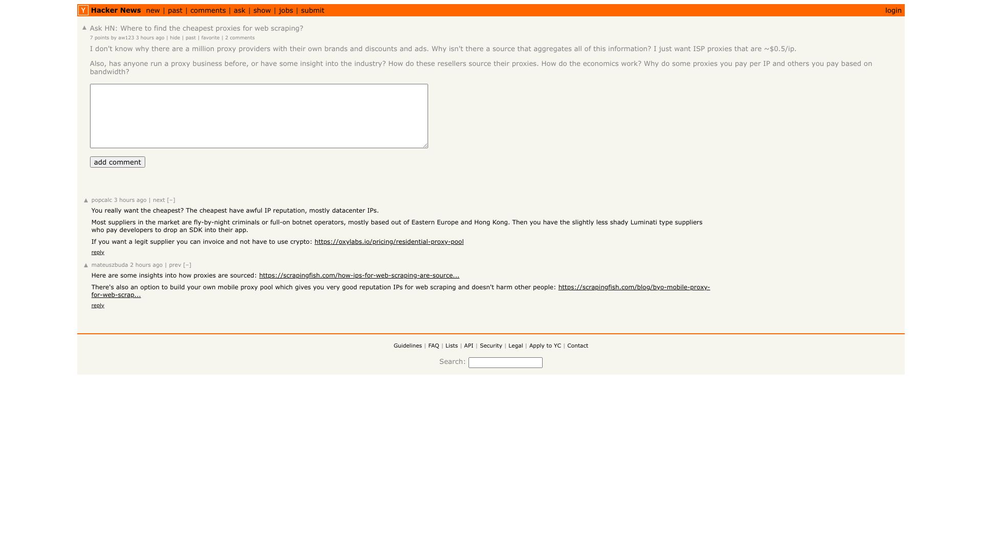 Screenshot of this Hacker News post: Ask HN: Where to find the cheapest proxies for web scraping?