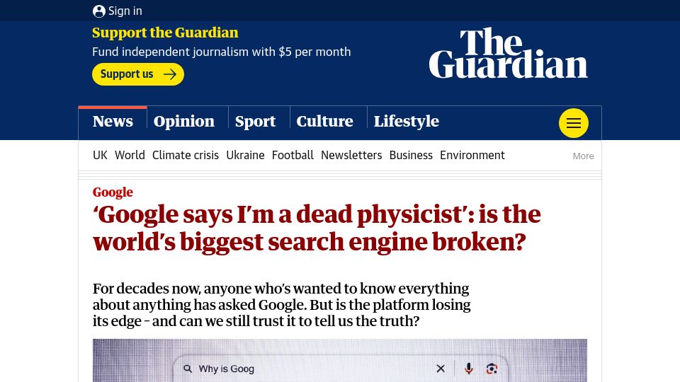 Screenshot of theguardian.com: 'Google says I'm a dead physicist': is the biggest search engine broken?