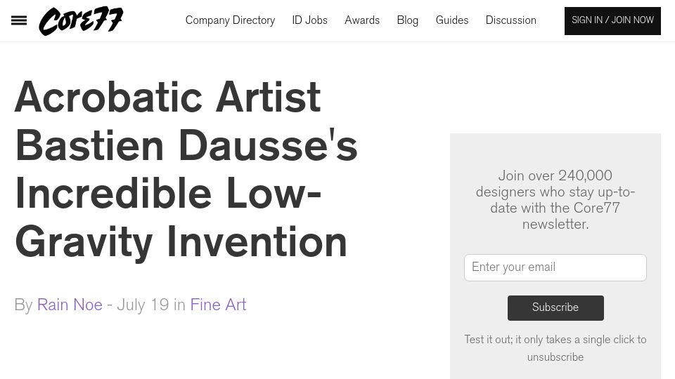 Screenshot of core77.com: French Acrobatic Artist’s Low-Gravity Invention