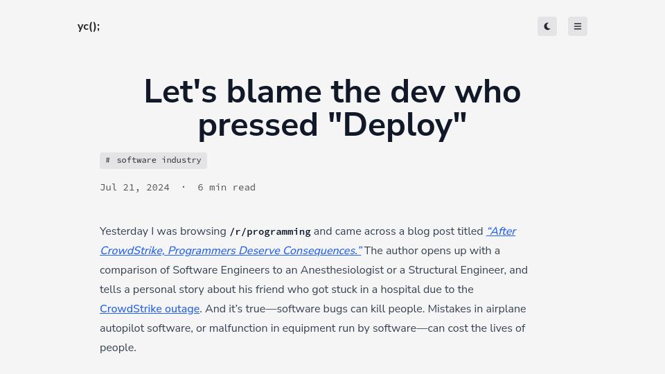 Screenshot of yieldcode.blog: Let's blame the dev who pressed "Deploy"