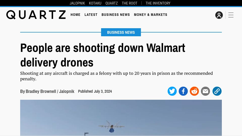 Screenshot of qz.com: People are shooting down Walmart delivery drones