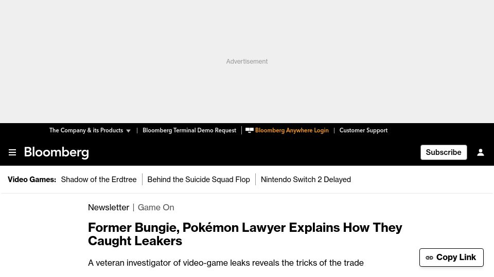 Screenshot of bloomberg.com: Former Bungie, Pokémon lawyer explains how they caught leakers