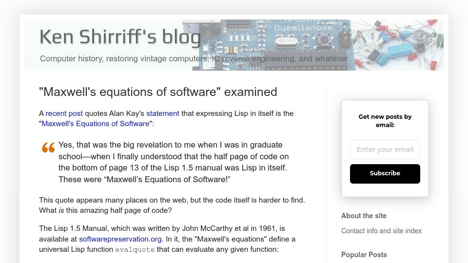 Screenshot of righto.com: "Maxwell's equations of software" examined (2008)
