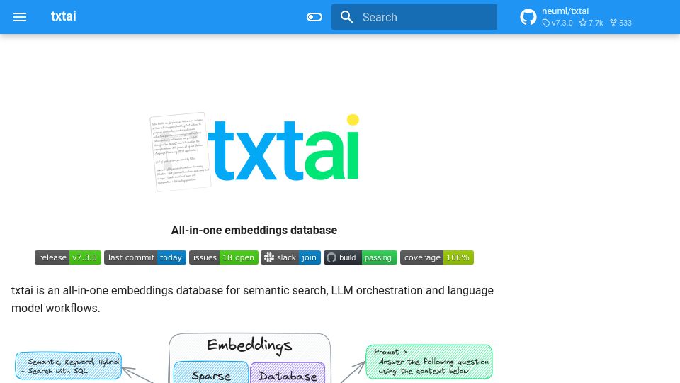 Screenshot of neuml.github.io: Txtai: Open-source vector search and RAG for minimalists