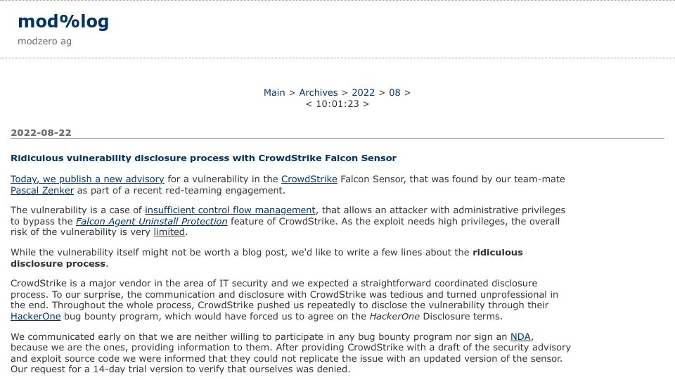 Screenshot of modzero.com: Ridiculous vulnerability disclosure process with CrowdStrike Falcon [2022]