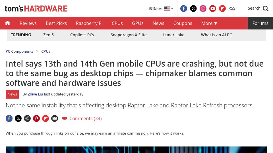 Screenshot of tomshardware.com: Intel says 13th and 14th Gen mobile CPUs are crashing