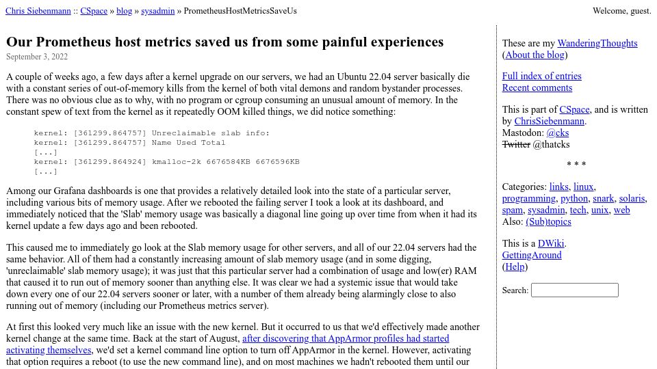 Screenshot of utcc.utoronto.ca: Prometheus metrics saves us from painful kernel debugging (2022)