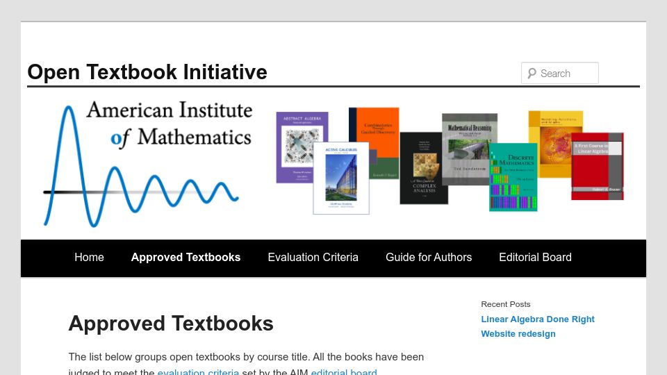 Screenshot of textbooks.aimath.org: American Institute of Mathematics: Approved Open Textbooks