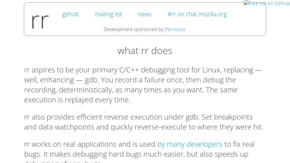 Screenshot of rr-project.org: rr – record and replay debugger for C/C++