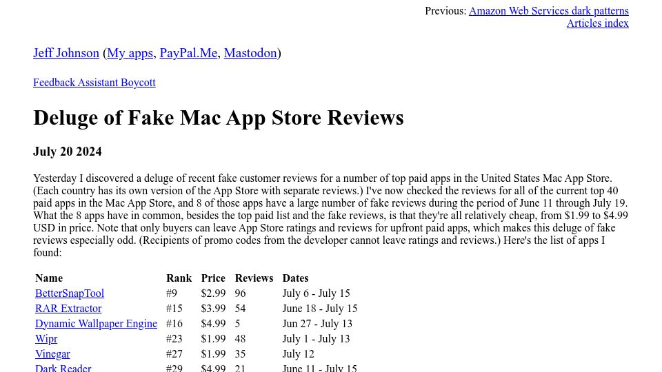 Screenshot of lapcatsoftware.com: Deluge of Fake Mac App Store Reviews