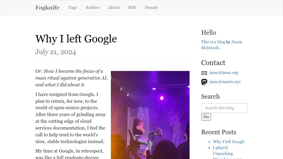 Screenshot of fogknife.com: Why I left Google