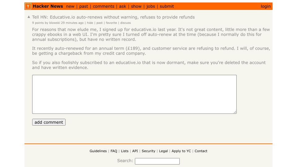 Screenshot of Hacker News post: Tell HN: Educative.io auto-renews without warning, refuses to provide refunds
