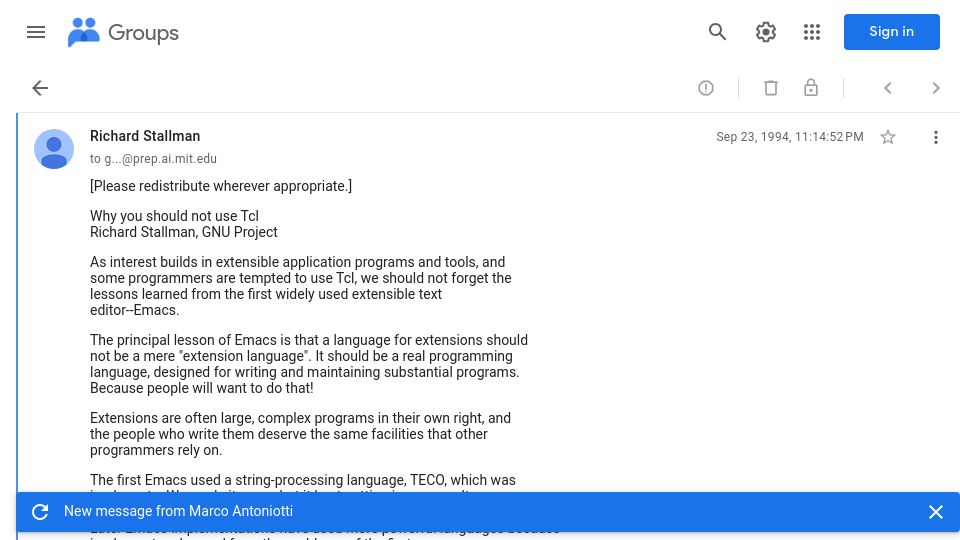 Screenshot of groups.google.com: Why You Should Not Use Tcl (1994)
