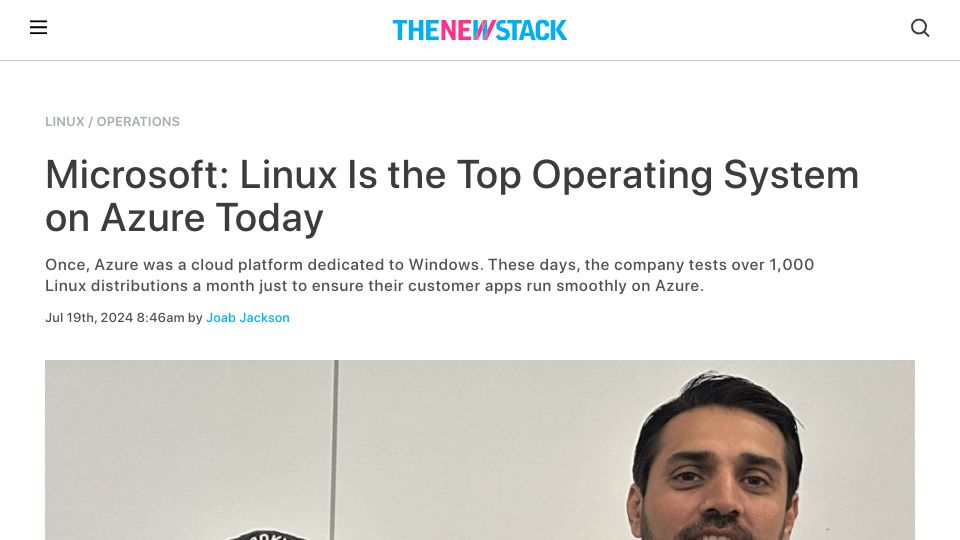 Screenshot of thenewstack.io: Microsoft: Linux Is the Top Operating System on Azure Today