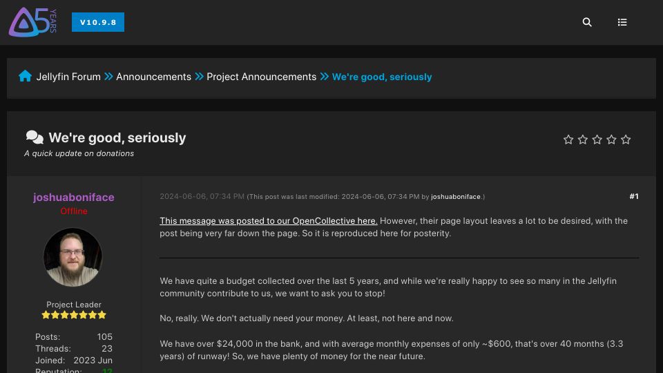 Screenshot of forum.jellyfin.org: Jellyfin: We're Good, Seriously