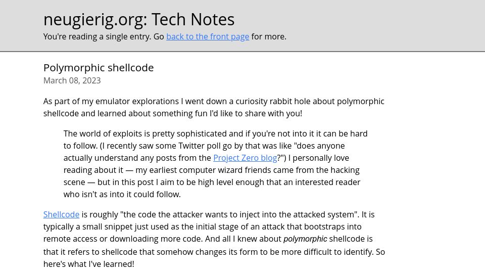 Screenshot of neugierig.org: Polymorphic Shellcode (2023)