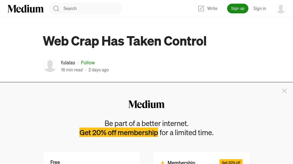 Screenshot of medium.com: Web Crap Has Taken Control
