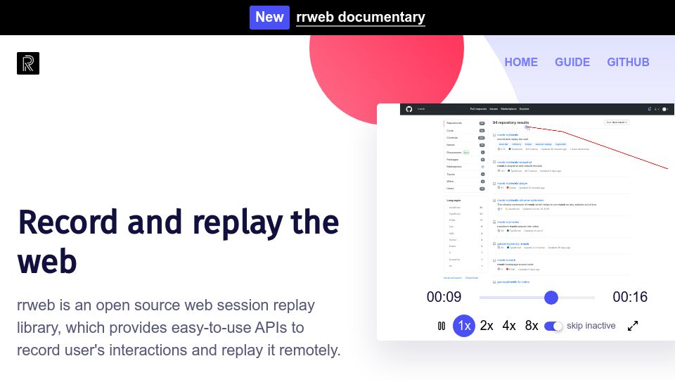 Screenshot of rrweb.io: Rrweb – record and replay debugger for the web