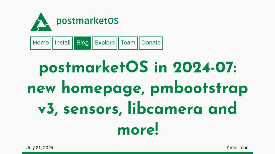 Screenshot of postmarketos.org: PostmarketOS updates: new homepage, pmbootstrap v3, sensors, libcamera