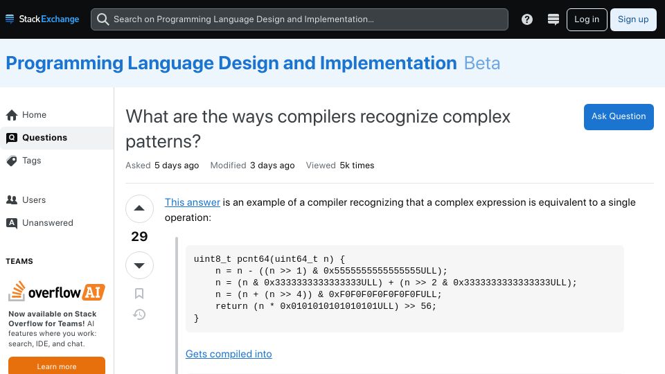 Screenshot of langdev.stackexchange.com: What are the ways compilers recognize complex patterns?