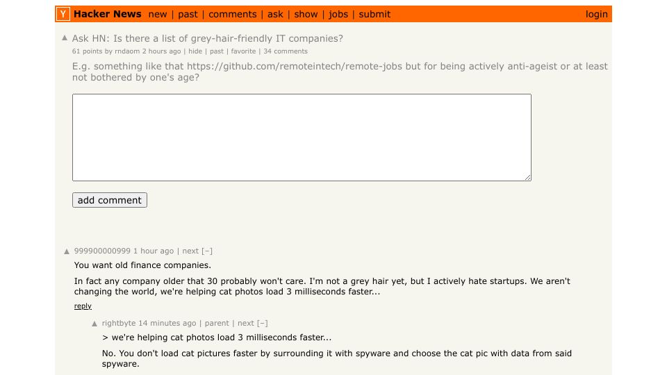 Screenshot of Hacker News post: Ask HN: Is there a list of grey-hair-friendly IT companies?