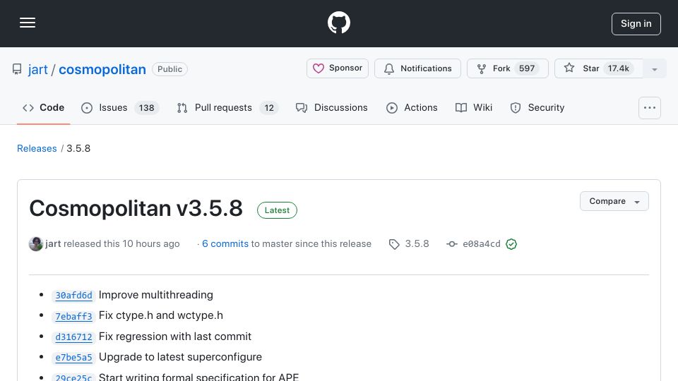 Screenshot of github.com: Cosmopolitan v3.5.8
