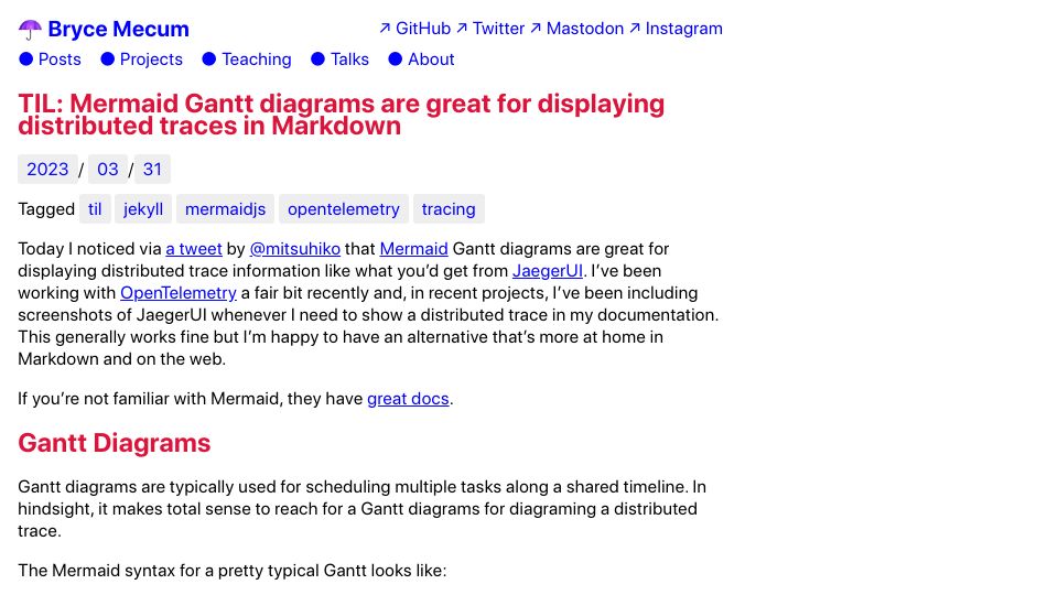 Screenshot of brycemecum.com: Mermaid Gantt diagrams for displaying distributed traces in Markdown (2023)