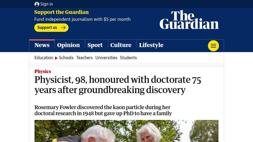 Screenshot of theguardian.com: Physicist, 98, honoured with doctorate 75 years after groundbreaking discovery