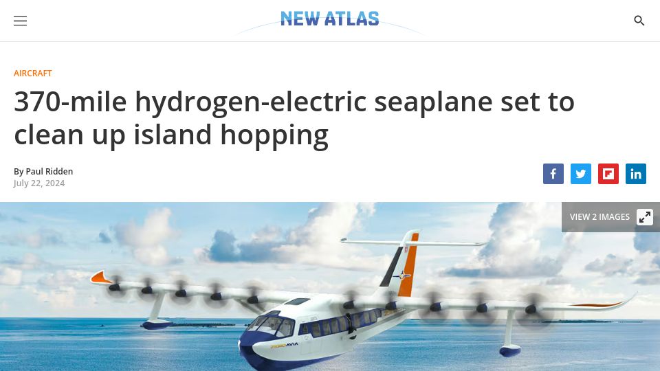 Screenshot of newatlas.com: 370-mile hydrogen-electric seaplane set to clean up island hopping
