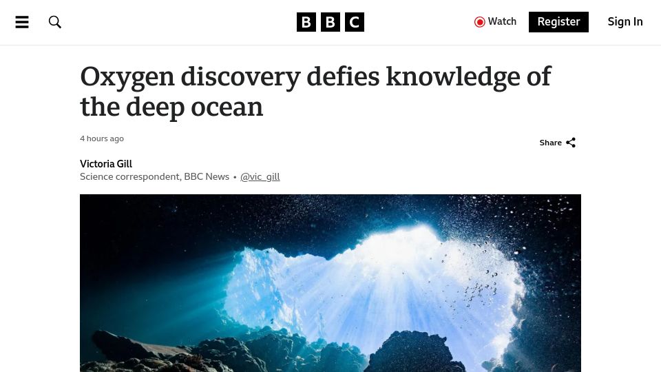 Screenshot of bbc.co.uk: Oxygen discovery defies knowledge of the deep ocean