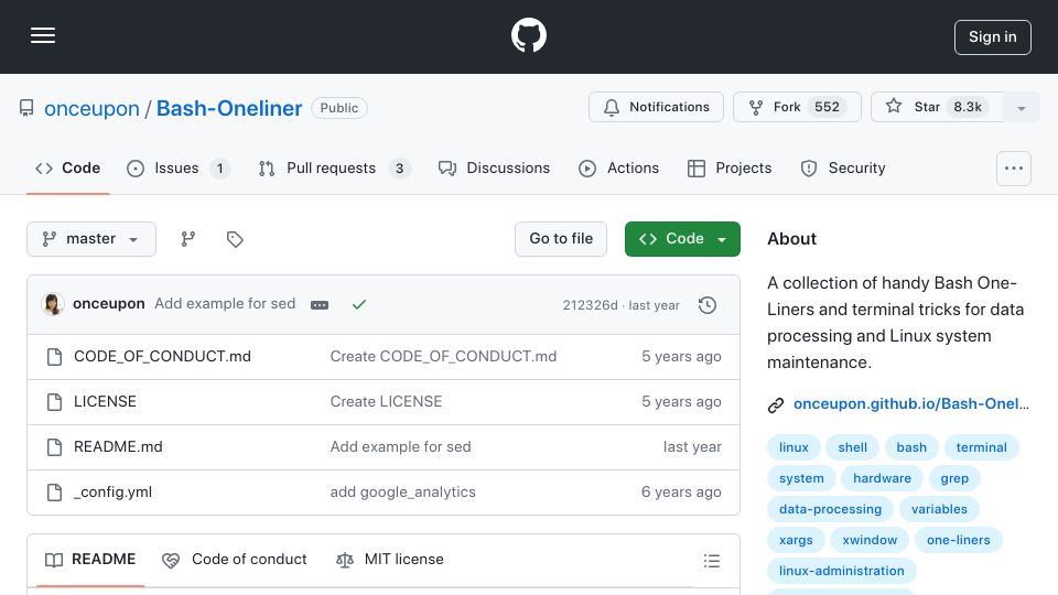 Screenshot of github.com: Bash-Oneliners: A collection of terminal tricks for Linux