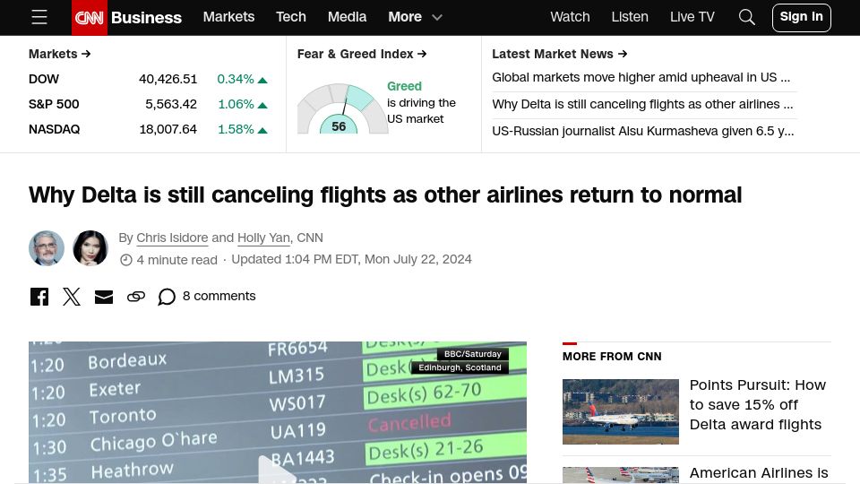 Screenshot of cnn.com: Why Delta is still canceling flights as other airlines return to normal