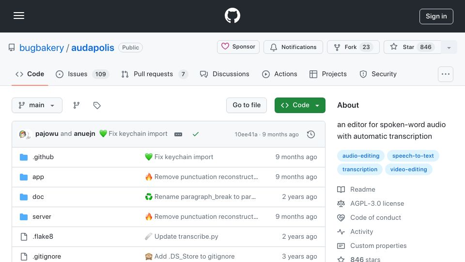 Screenshot of github.com: Audapolis: Edit audio files by transcript, not waveform