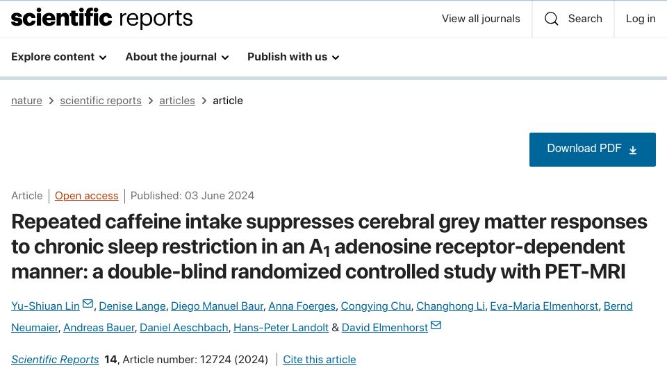 Screenshot of nature.com: Caffeine suppresses cerebral grey matter responses to chronic sleep restriction