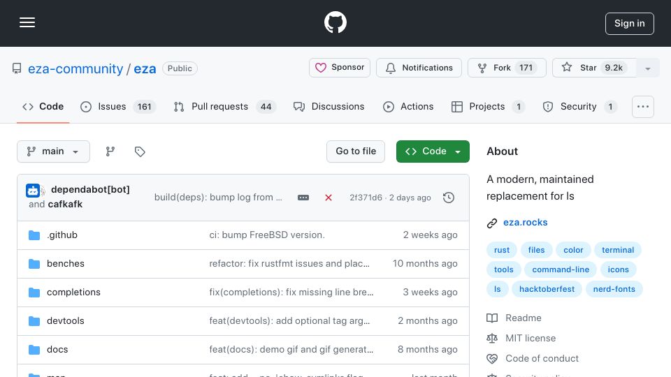 Screenshot of github.com: Eza: A modern, maintained replacement for ls