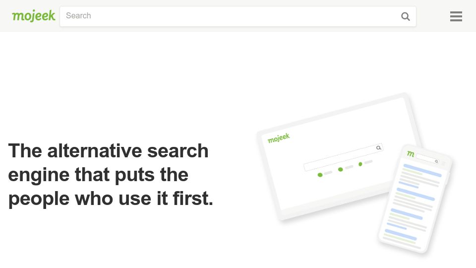 Screenshot of mojeek.com: Mojeek – The alternative search engine that puts the people who use it first