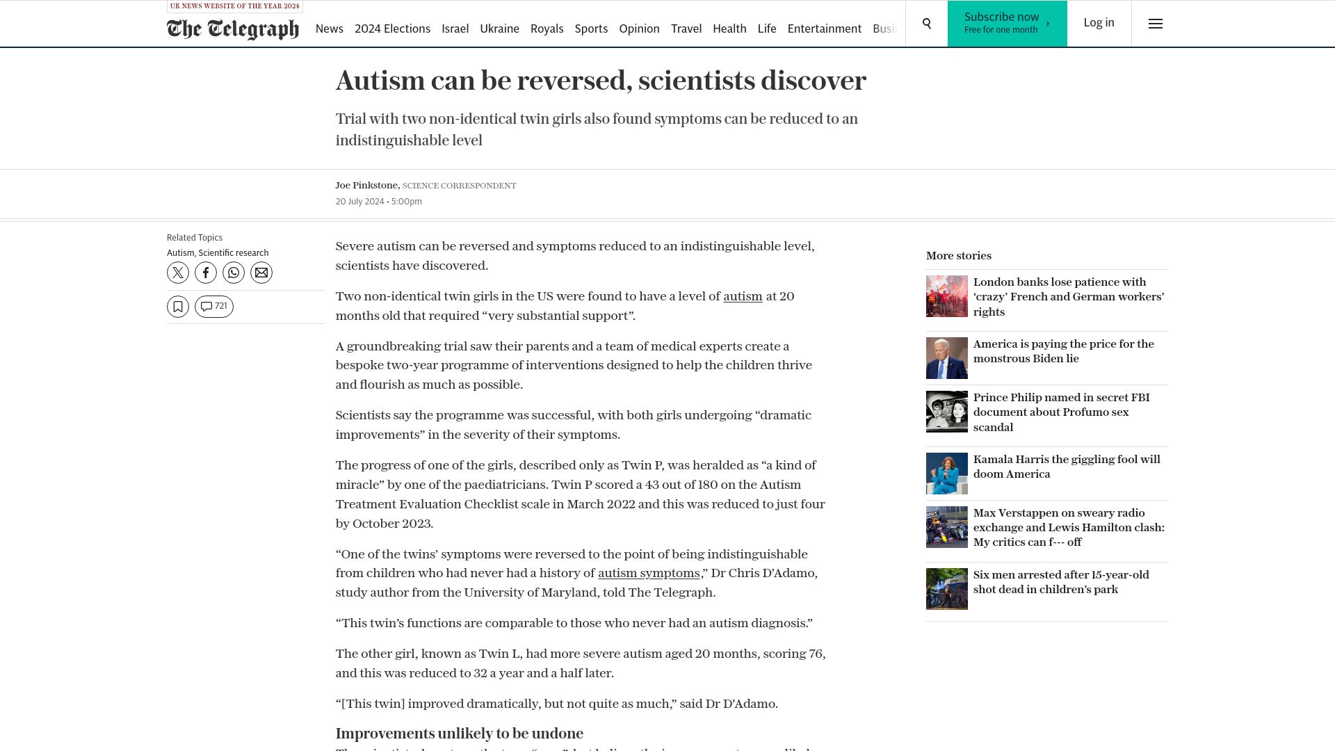 Screenshot of telegraph.co.uk: Autism can be reversed, scientists discover