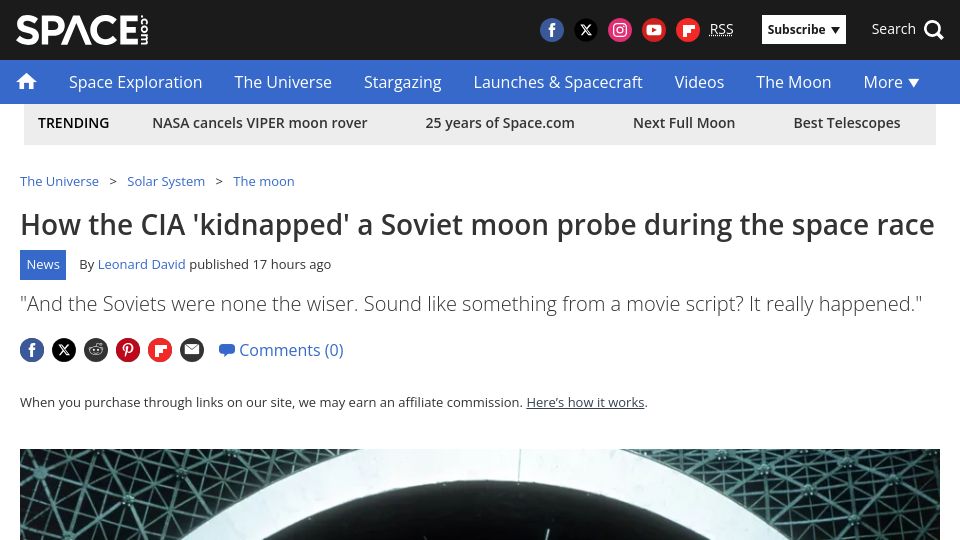 Screenshot of space.com: How the CIA 'kidnapped' a Soviet moon probe during the space race
