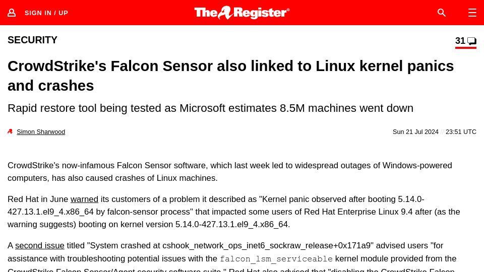Screenshot of theregister.com: CrowdStrike's Falcon Sensor also linked to Linux kernel panics and crashes